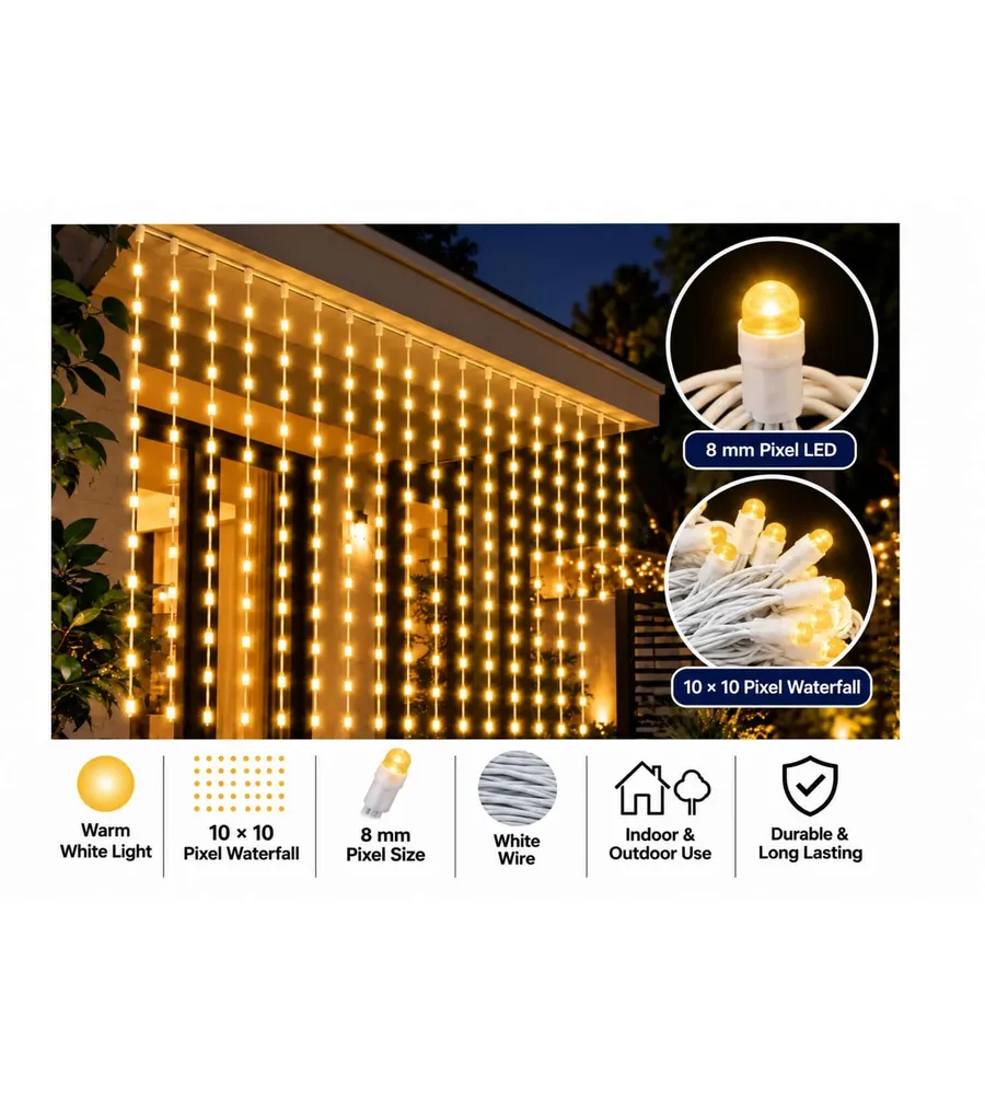 Waterfall Curtain Light 10 x 10 with warm white 8 mm pixel LEDs hanging from a house roof edge