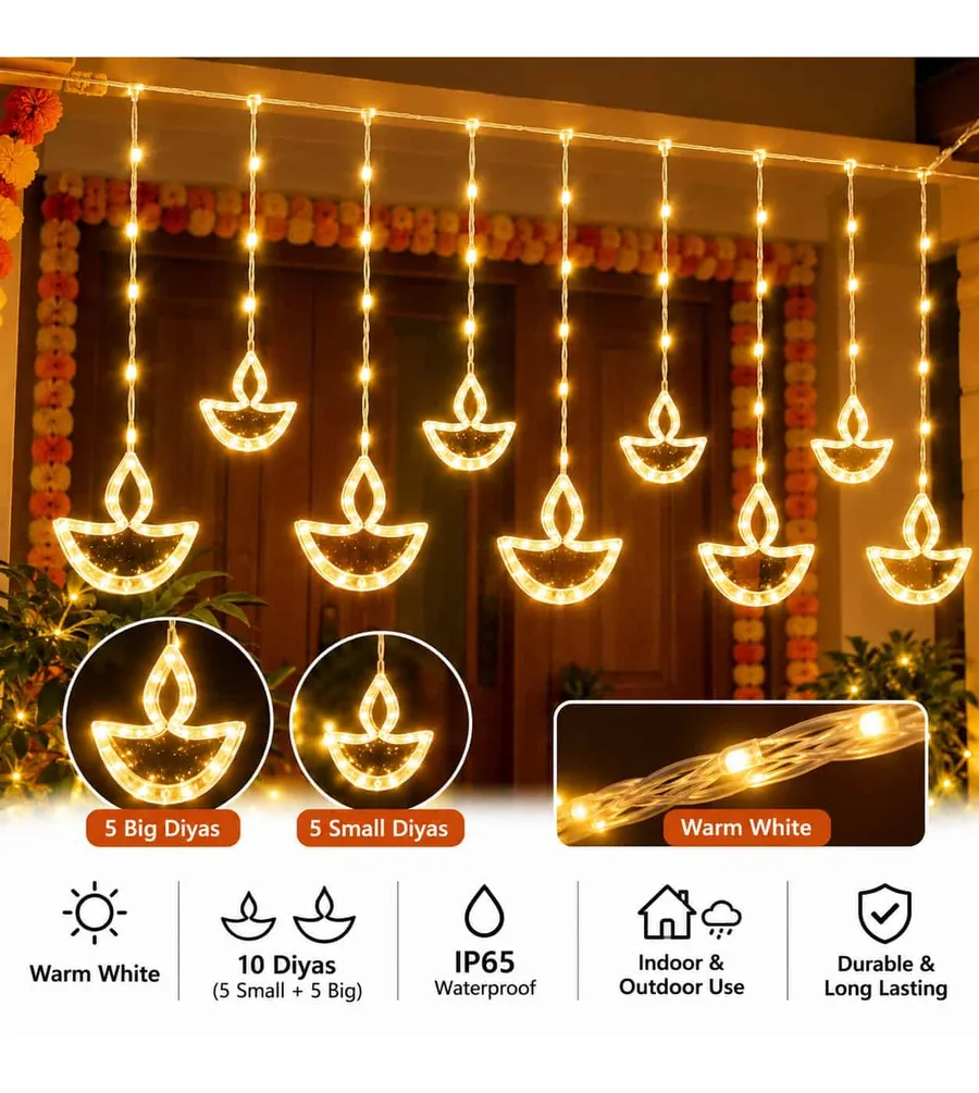 Diya LED Curtain Light with 10 warm white diya shapes hanging across a doorway