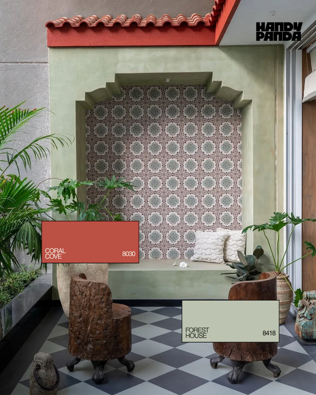 Balcony seating niche with Asian Paints Forest 8418 green walls and a Coral Cove 8030 band under a tiled roof edge