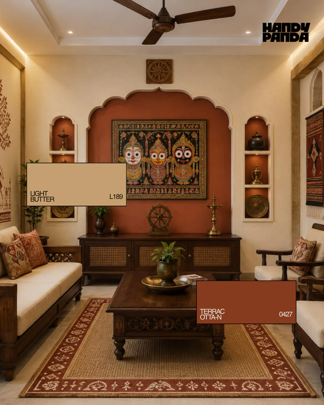 Living room with Asian Paints Light Butter-N L189 walls and a Terracotta-N 0427 arched feature wall behind a wooden console