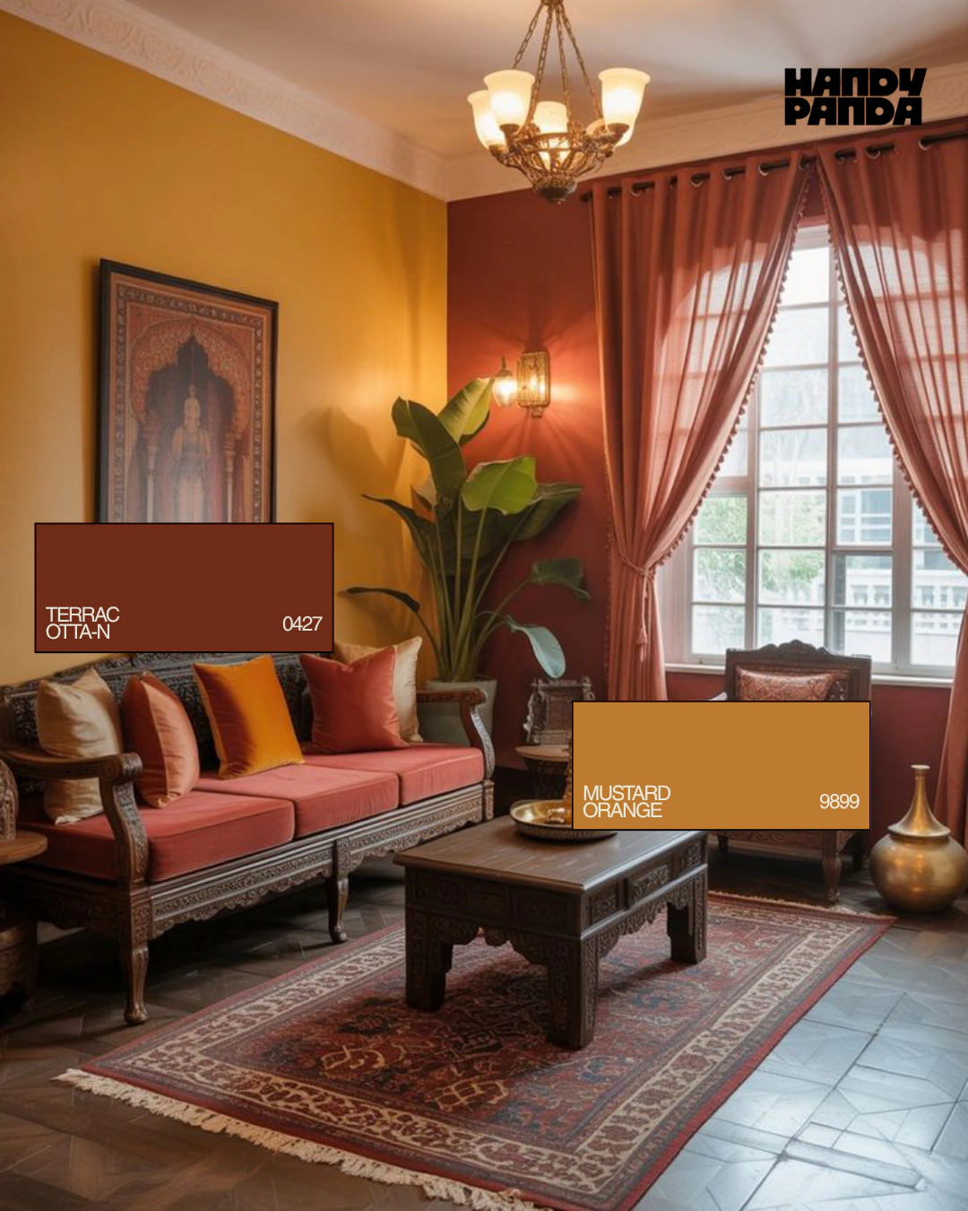 Living room with an Asian Paints Mustard Orange-N 9899 wall and a Terracotta-N 0427 wall, lit by a chandelier