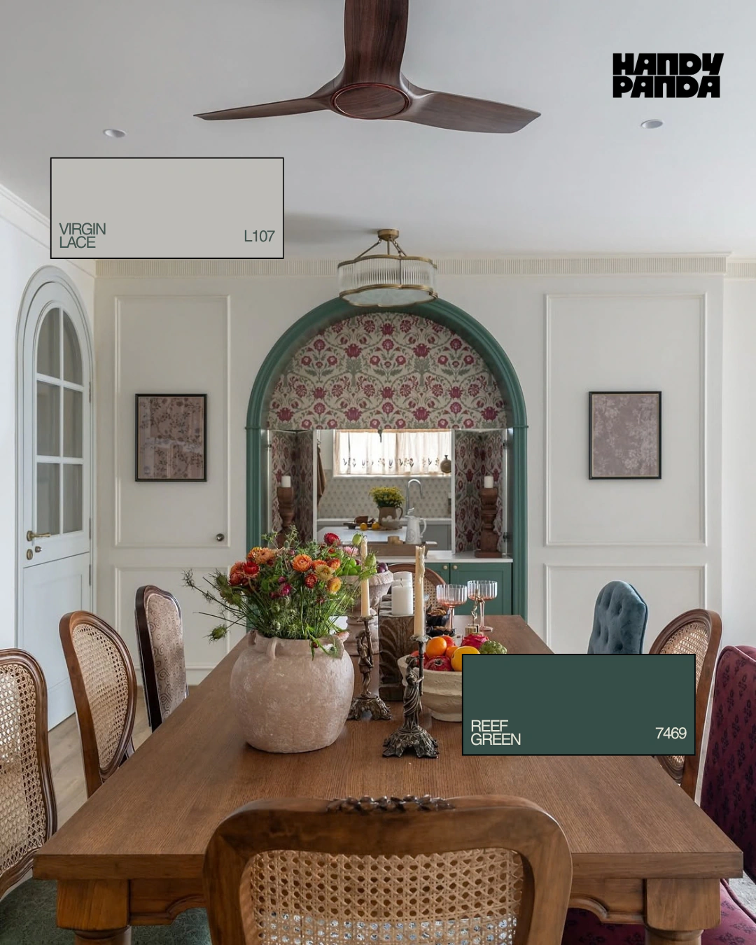 Dining room with Asian Paints Virgin Lace L107 walls and a Reef Green 7469 arch surround